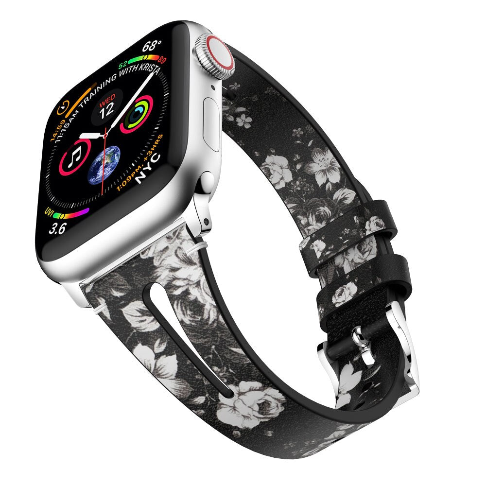 Black/White Floral Slim Leather Apple Watch Strap – AppStraps®