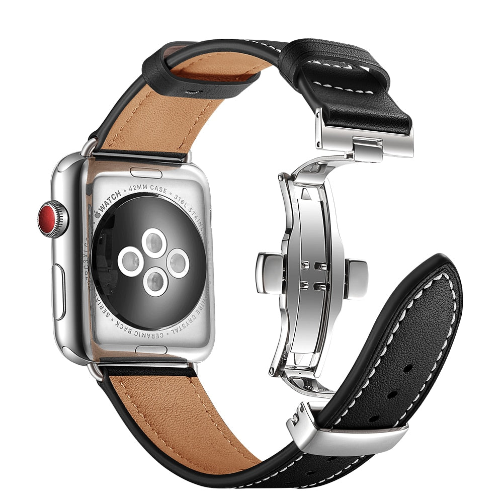 Black Premium Butterfly Clasp Leather Apple Watch Strap – AppStraps™