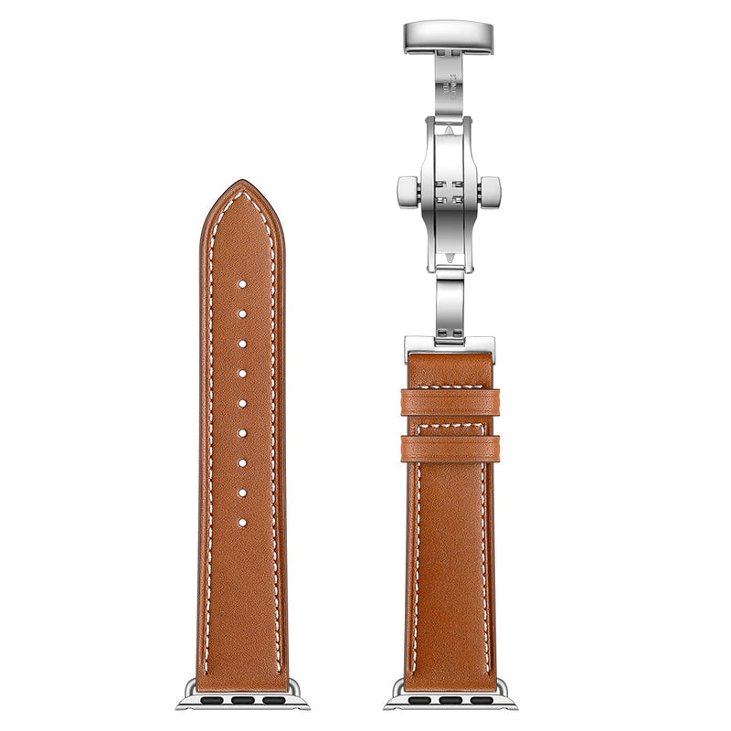 Brown Premium Butterfly Clasp Leather Apple Watch Strap