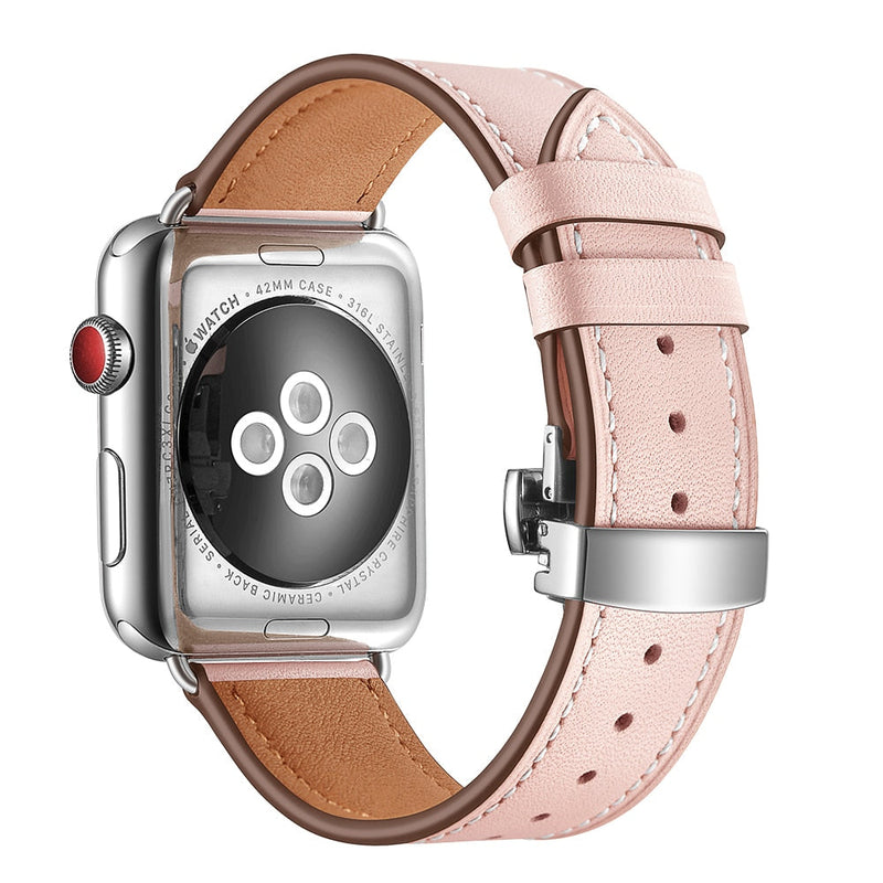 Pink Premium Butterfly Clasp Leather Apple Watch Strap