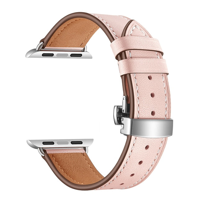 Pink Premium Butterfly Clasp Leather Apple Watch Strap