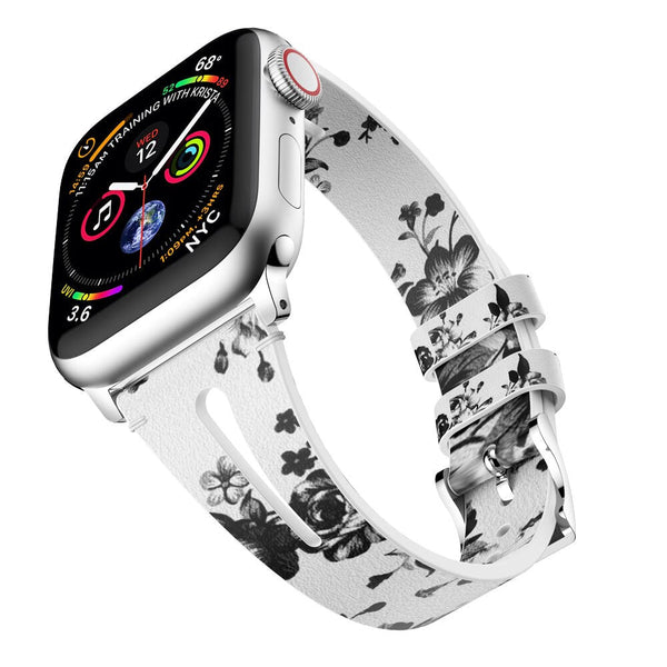 White Floral Slim Leather Apple Watch Strap